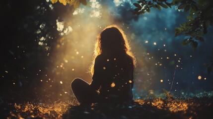 Silhouette of a woman meditating in a magical forest setting
