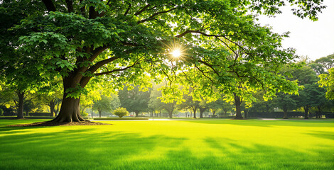 Vibrant park scene with a large tree casting shadows on lush grass, bathed in warm sunlight. A peaceful nature landscape with a tranquil atmosphere. Ai generative