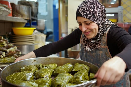 A woman in a hijab wraps stuffed grape leaves with precision, placing them in a large pot. She smiles as she prepares the dish her family loves