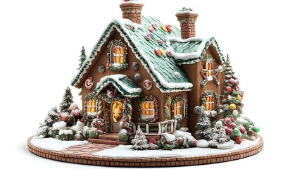 Holiday gingerbread house with snowy icing roof colorful candies neat detailing bright and festive against white background. 