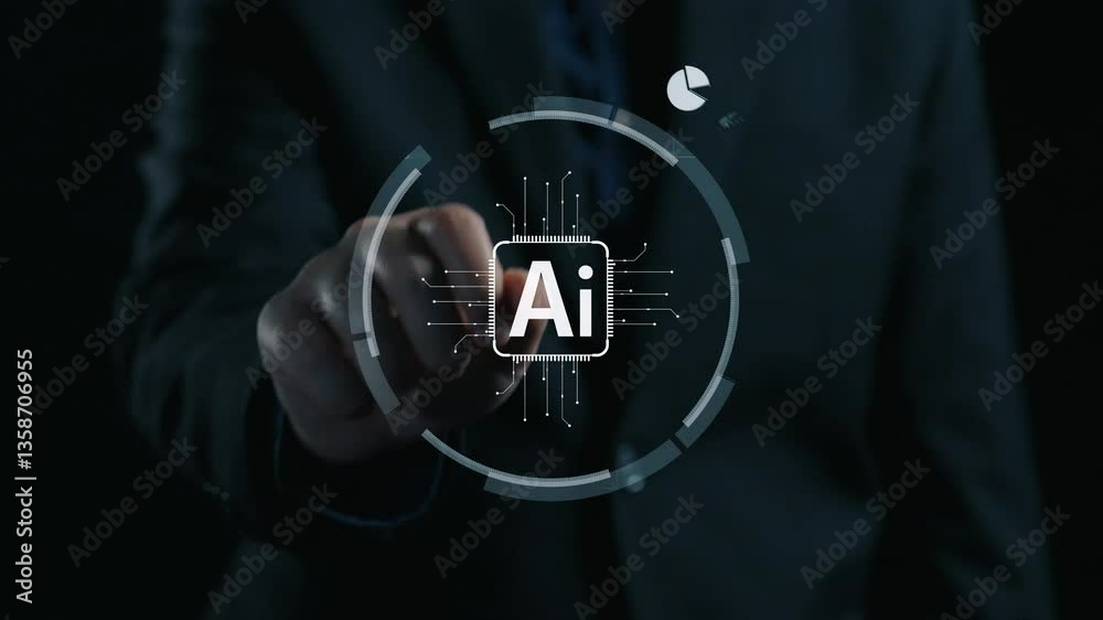 Poster human interact with ai artificial intelligence brain processor in concept of ai artificial intellige