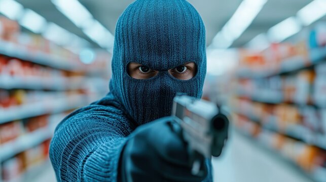 a masked person aiming a handgun inside a store aisle, dramatic tension and threat atmosphere