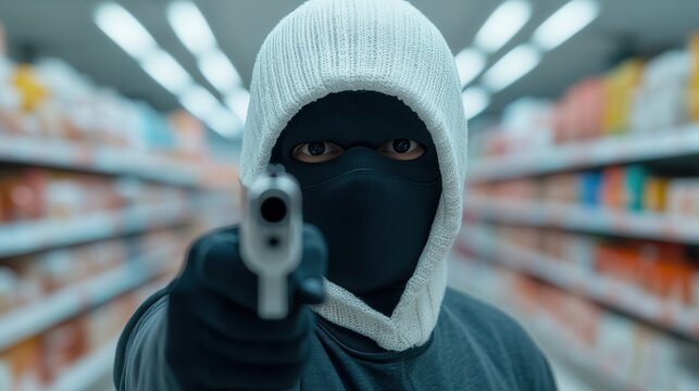 a masked person aiming a handgun inside a store aisle, dramatic tension and threat atmosphere - Powered by Adobe
