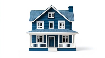 Mini blue home with white accents and classic architectural details clean design symbolizing real estate isolated on a white backdrop. 