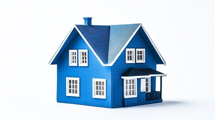 Miniature blue house model with white trims sharp lines clean design isolated on white background representing real estate concept.  