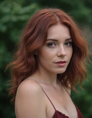 A woman with red hair and a black lace bra is standing in a forest