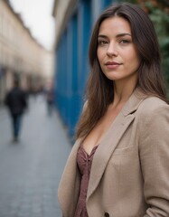 A woman in a tan jacket and brown dress stands in front of a blue building