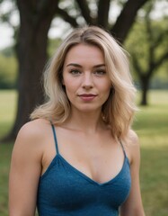 A blonde woman is wearing a blue tank top and standing in a grassy field