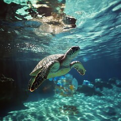 Fototapeta premium Graceful Sea Turtle Gliding Through Crystal Clear Ocean Waters Surrounded by Colorful Marine Life and Vibrant Coral Reefs in a Serene Underwater Environment