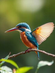 Vibrant kingfisher perched on branch wings spread wide soft light illuminates iridescent plumage. AI Generated