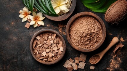 Obraz premium Wooden bowls hold cacao powder, nibs, frangipani, and tropical foliage. Use this for recipes, natural beauty products, or tropical travel.