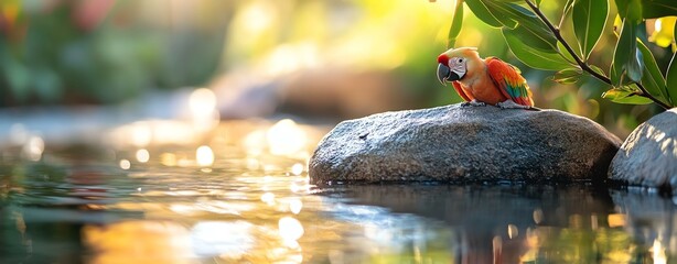 Obraz premium Vibrant parrot perched by serene water.