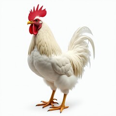Fototapeta premium White rooster portrait on clear backdrop. Domestic fowl cock with red crest, golden neck plumage. Farm bird on clean white background. Poultry livestock farming