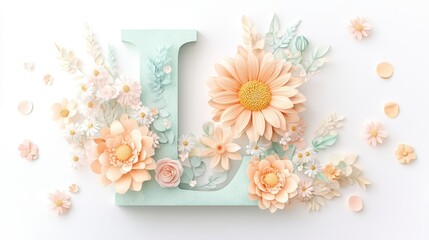 Pastel Paper Flowers and Letter L Arrangement on White Background