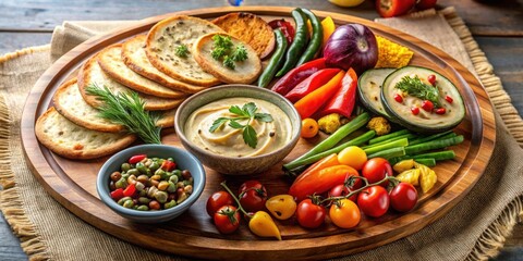 Fototapeta premium A vibrant platter featuring creamy dip, assorted colorful vegetables, and crispy flatbreads arranged on a rustic wooden board
