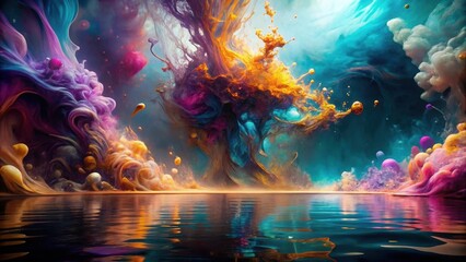 Obraz premium Abstract Vibrant Color Explosion Reflected in Still Water, a Surreal Dreamlike Landscape of Swirling Hues and Glowing Orb-like Forms