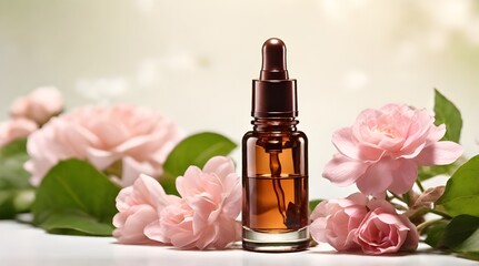 Brown serum dropper bottle on white background with pink flowers.generative.ai