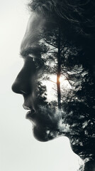 Double Exposure Portrait with Forest Landscape and Sunlight