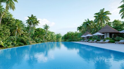 Fototapeta premium Tropical Resort Poolside Paradise Blue Water, Palm Trees, and White Sand Beach