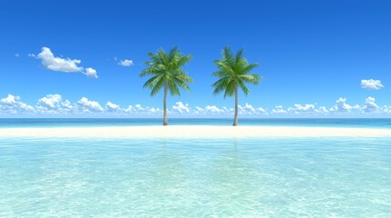 Two Palm Trees By A Tropical Shore Under A Vivid Blue Sky
