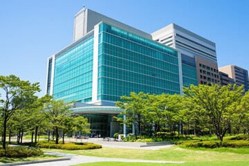 Modern Architectural Marvel Glass Facade Office Building Bathed in Bright Sunlight on Clear Day