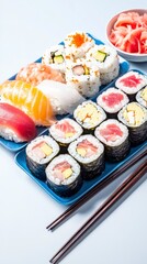 Sui and chops beautifully plated on a blue plate showcasing intricate details and fresh ingredients for dining