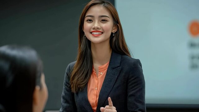 Confident Filipino businesswoman in a professional suit presenting her ideas during a corporate meeting, showcasing leadership, expertise, and empowerment in the workplace.