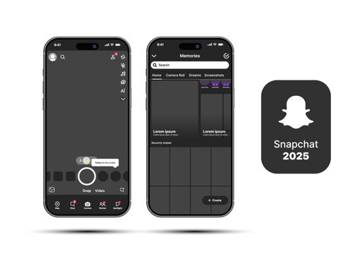 Snapchat camera UI mockup template. Social media app interface and augmented reality lens design. Snapchat story, chat, and profile layout for mobile app and online communication.