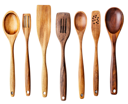 Wooden kitchen utensils isolated on   a transparent background PNG 