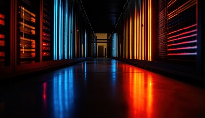 Fototapeta premium Dark Server Room Corridor with Glowing Blue and Orange Lights