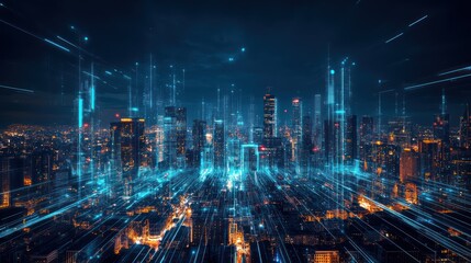 Obraz premium Futuristic city at night with digital lines. Stock photo for technology, innovation, and future concepts