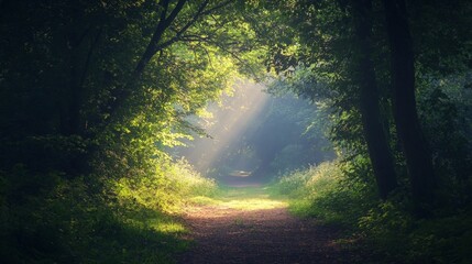 Obraz premium A sunbeam peeks through the dense foliage of a forest, creating a bright path through the trees.