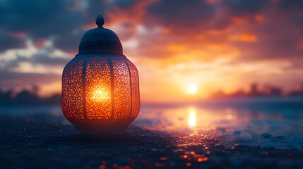 Illuminated Lantern at Sunset Shoreline
