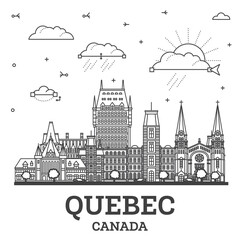 Obraz premium Outline Quebec Canada city skyline with modern and historic buildings isolated on white. Quebec cityscape with landmarks.