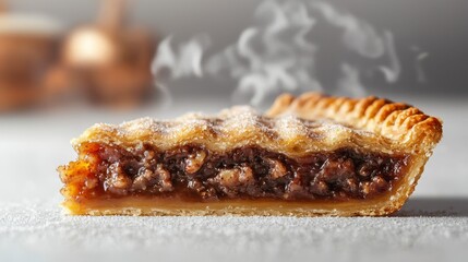 Close-up of a slice of savory pie with a bite taken out, steam rising and delicious aroma filling the air