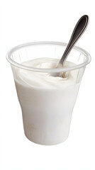 Clear plastic yogurt container filled with creamy white yogurt and a silver spoon resting inside for a delightful and appetizing dairy product experience