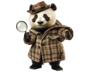 charming panda dressed as detective, wearing brown hat and plaid coat, holds magnifying glass. This whimsical character exudes curiosity and playfulness, perfect for storytelling