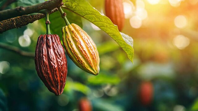 A cocoa tree in a plantation with ripe and green cacao pods, cocoa, fruit, plant, tree, plantation, and agricultural