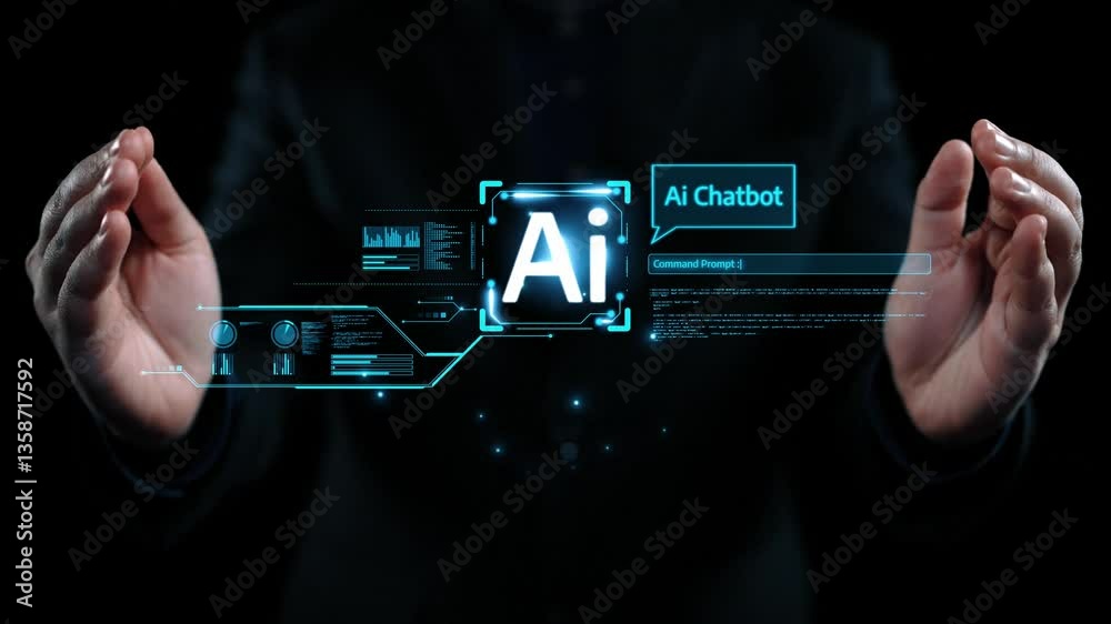 Poster human interact with ai artificial intelligence virtual assistant chatbot in concept of ai artificial