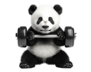 determined panda lifting dumbbell showcases strength and focus, embodying playful yet serious attitude towards fitness and exercise. This charming scene captures essence of motivation