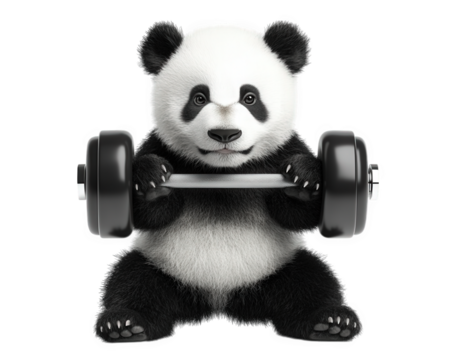 determined panda lifting dumbbell showcases strength and focus, embodying playful yet serious attitude towards fitness and exercise. This charming scene captures essence of motivation