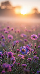 Fototapeta premium A field of purple wildflowers covered in morning dew shines beautifully at sunrise.
