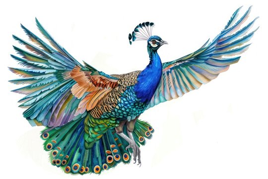 Colorful peacock in flight illustration