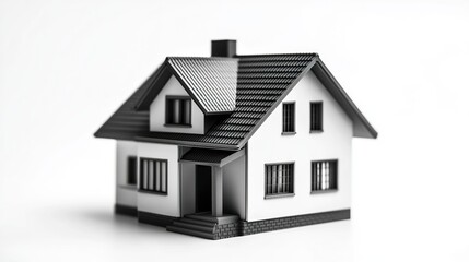 Minimalist gray house model with pitched roof and clean facade sharp focus isolated on bright white background real estate theme. 