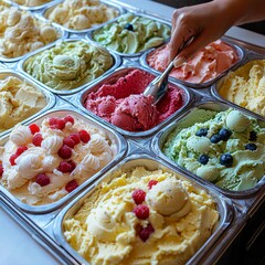Close-up of a person taking a spoon of delicious ice cream showcasing the creamy texture and rich flavor experience