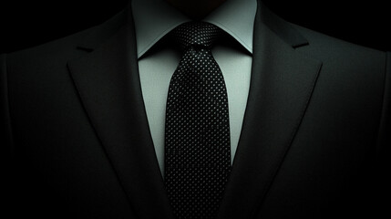 well-dressed man's chest in a sophisticated dark suit and tie, exuding elegance and style against a softly lit background, symbolizing confidence, professionalism, and refinement