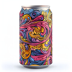 Fototapeta premium Vibrant psychedelic craft beer can with swirling organic shapes in shades of pink, orange, yellow, and blue showcasing artistic hand-drawn design