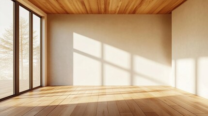 Obraz premium Minimalist room with natural wood ceiling and floor clean lines soft light cozy atmosphere warm and modern aesthetic side perspective. 