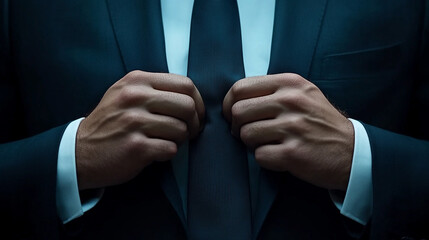 well-dressed man's chest in a sophisticated dark suit and tie, exuding elegance and style against a softly lit background, symbolizing confidence, professionalism, and refinement