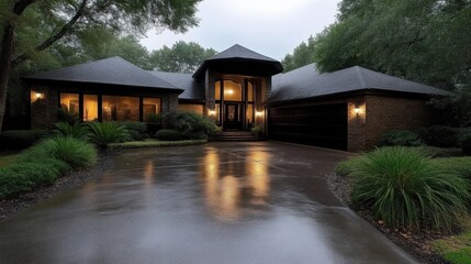 Modern home exterior on a wet driveway at dusk